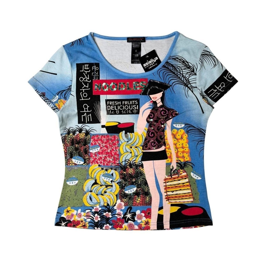 RARE Custo Barcelona "noodles" market graphic beaded tee